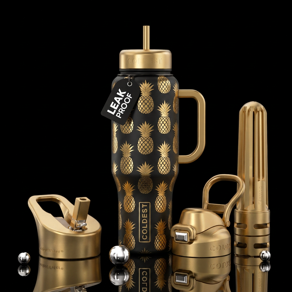 golden pineapples all over water bottle design
