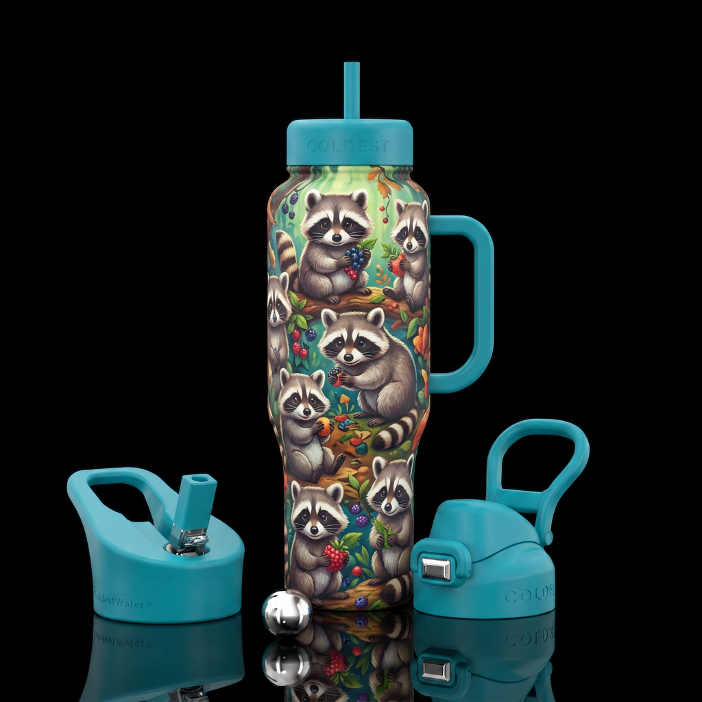 cute raccoons playing water bottle design
