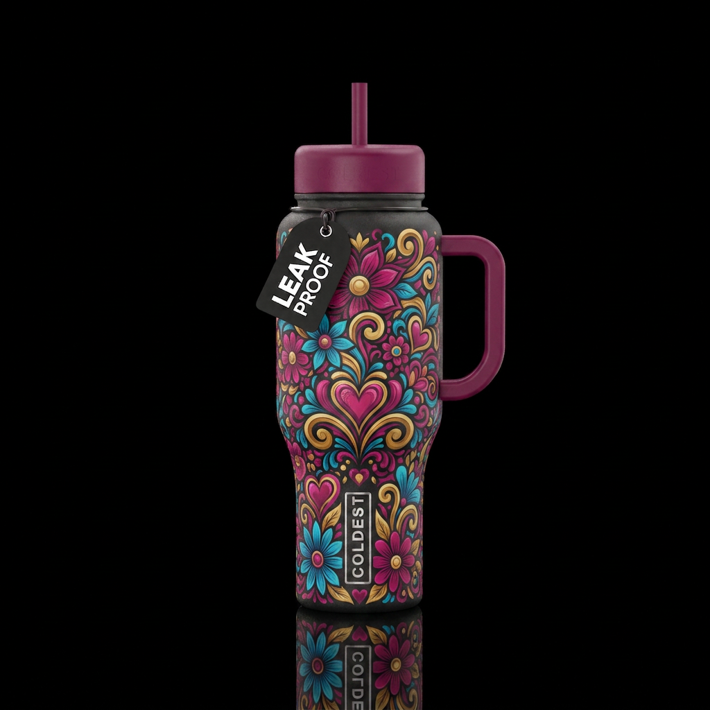 flowers scrolls and hearts water bottle design