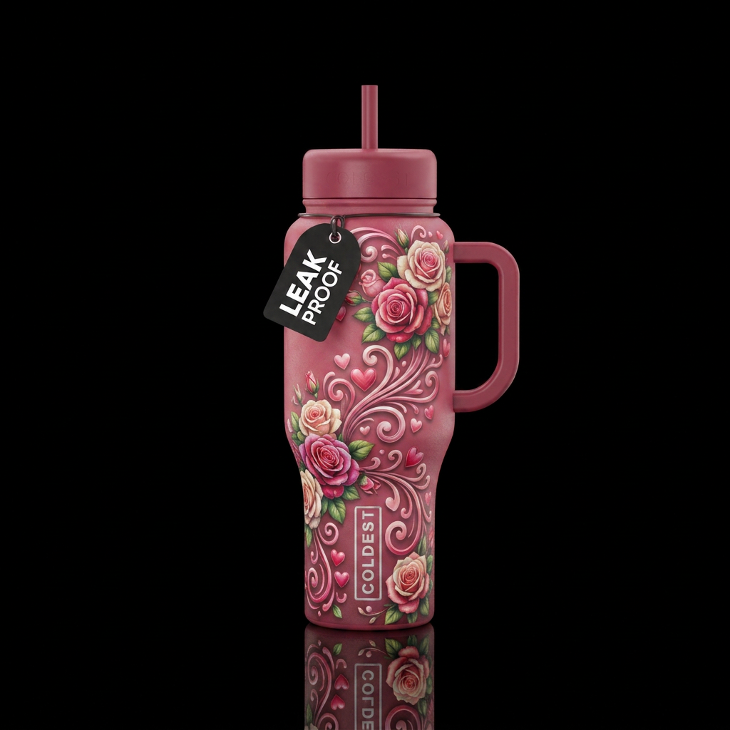 Roses and hearts spiral and scrolls water bottle design