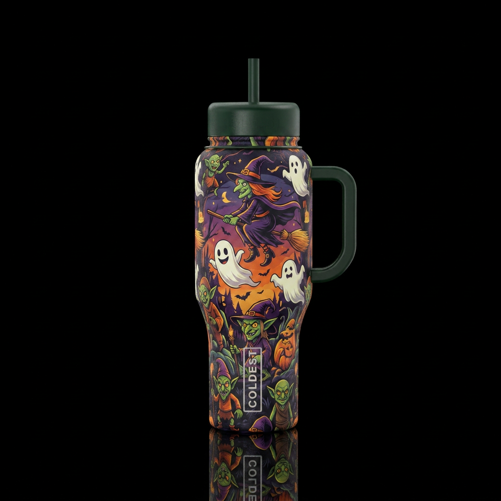 Halloween scene with ghosts and goblins and witche... water bottle design