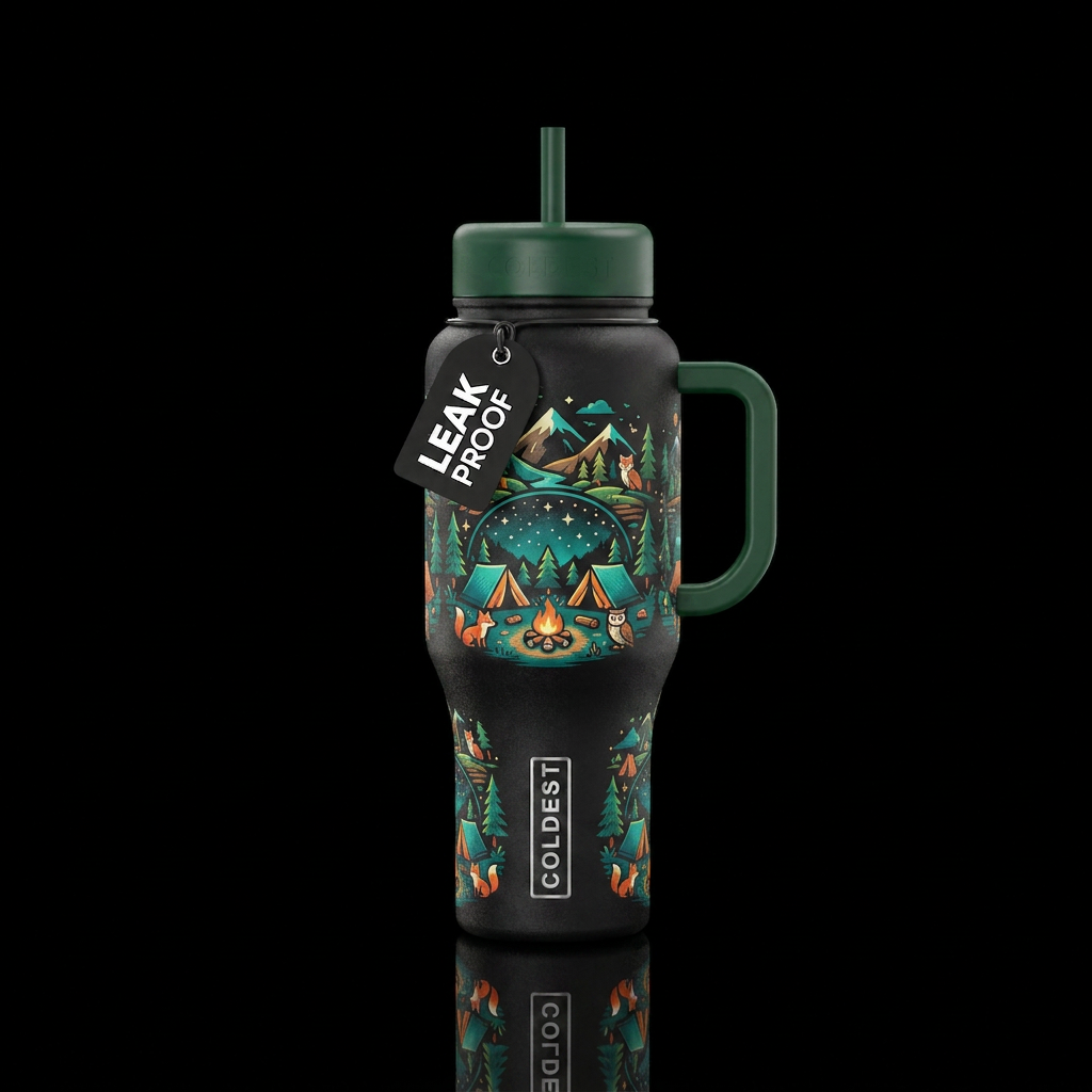 Camping scene water bottle design