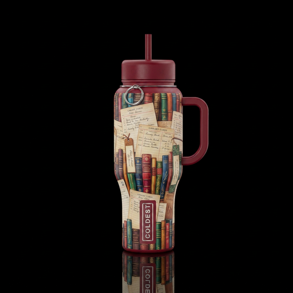 Library cards,bookmarks,and books water bottle design