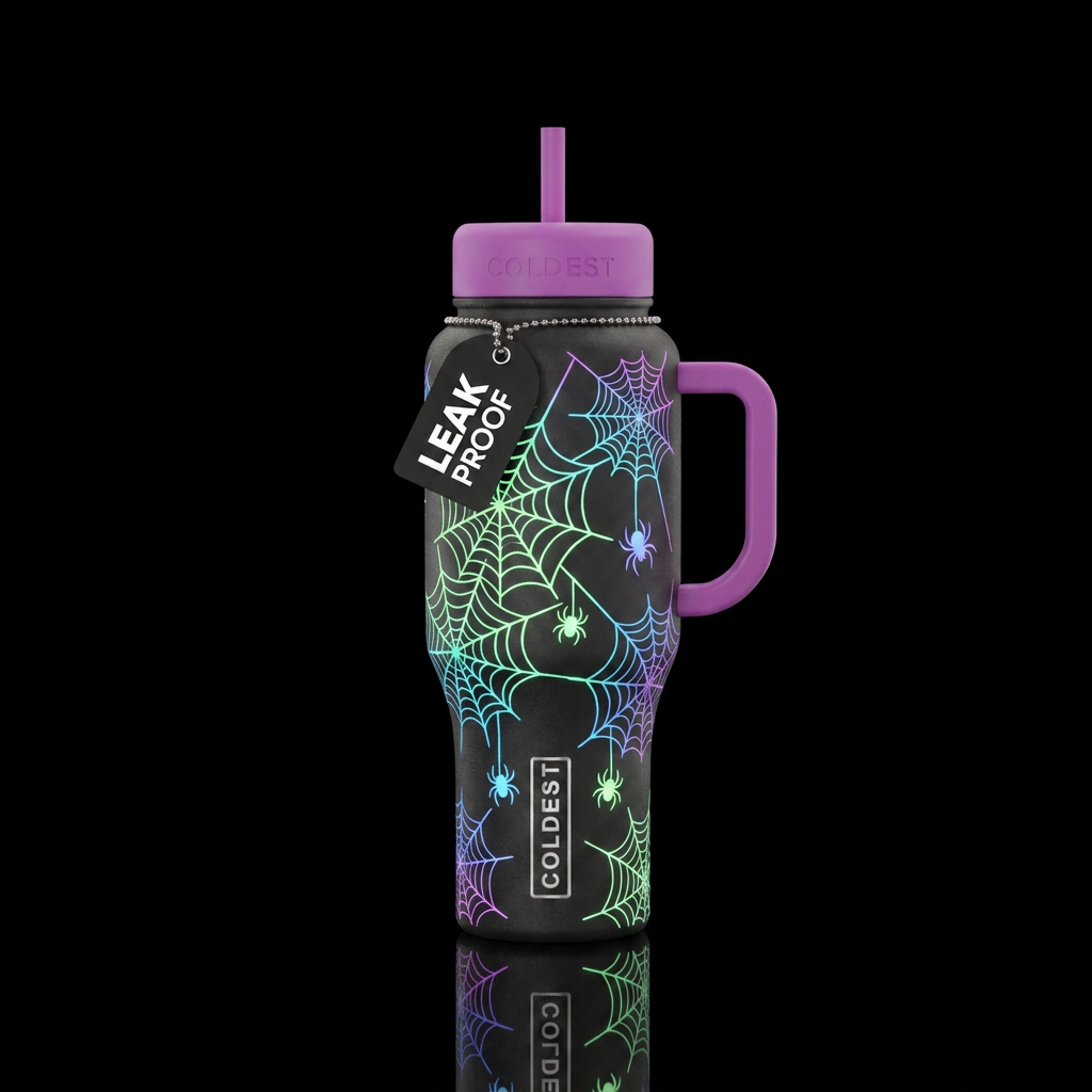 Glowie spiderweb and spiders water bottle design