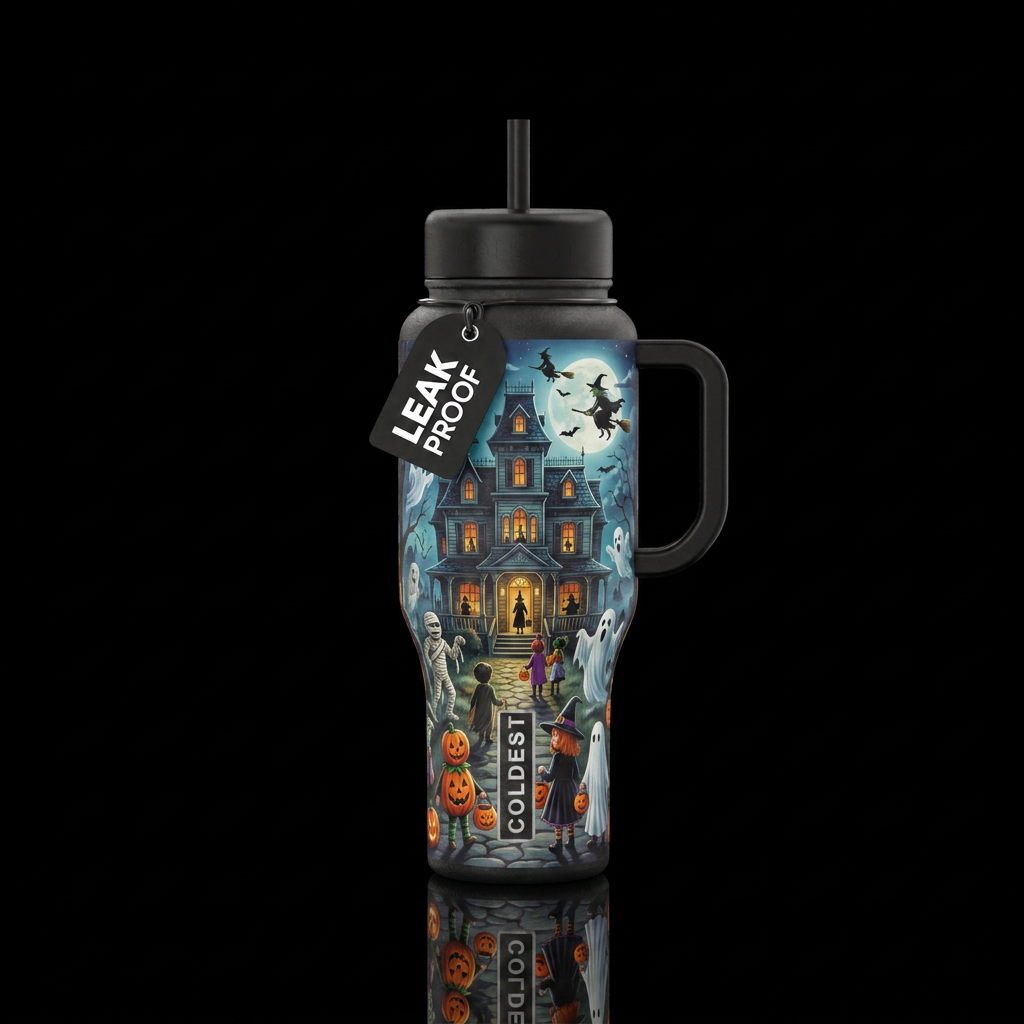 Hunted house, with witches flying, mummies,gost mo... water bottle design