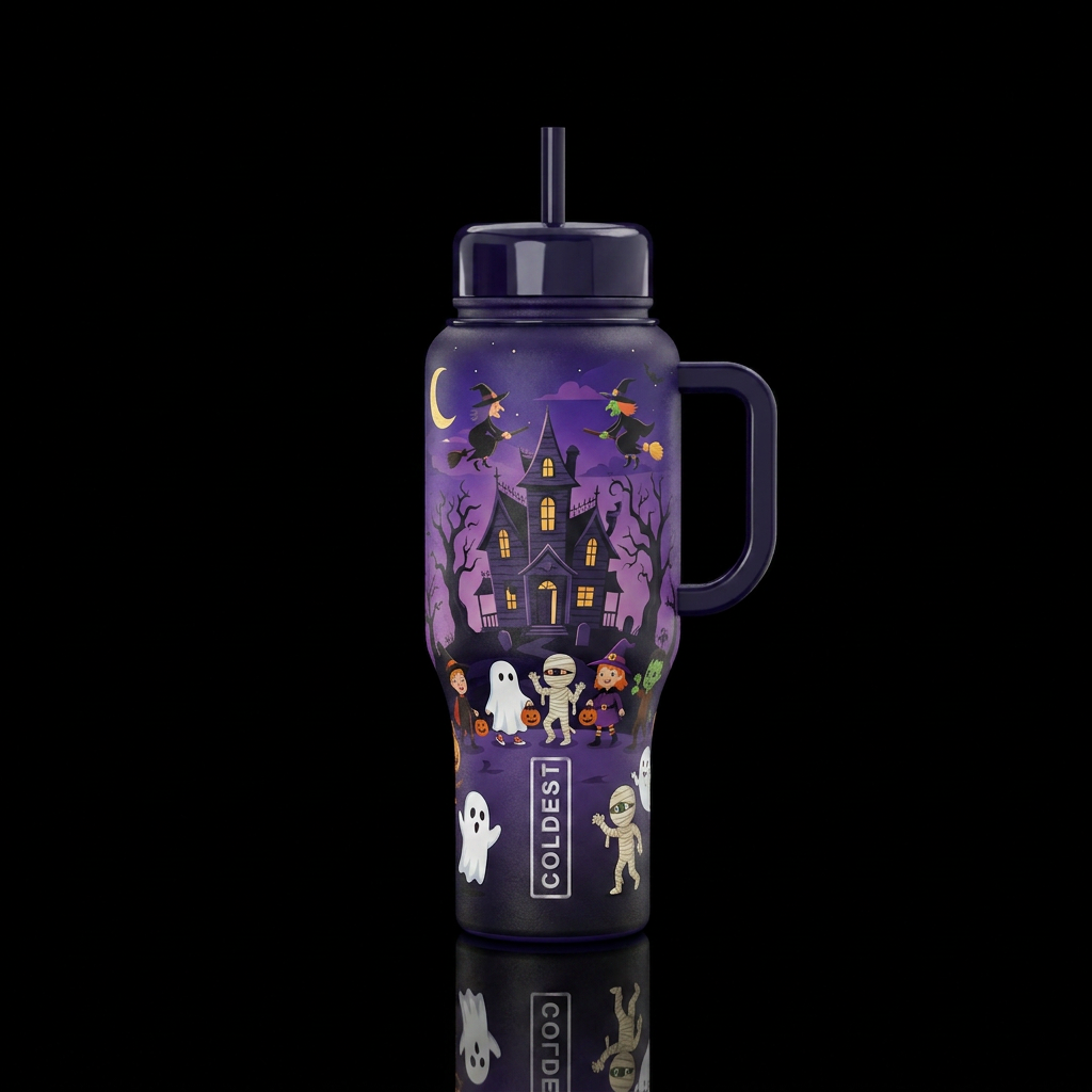 Hunted house, with witches flying, mummies,gost mo... water bottle design