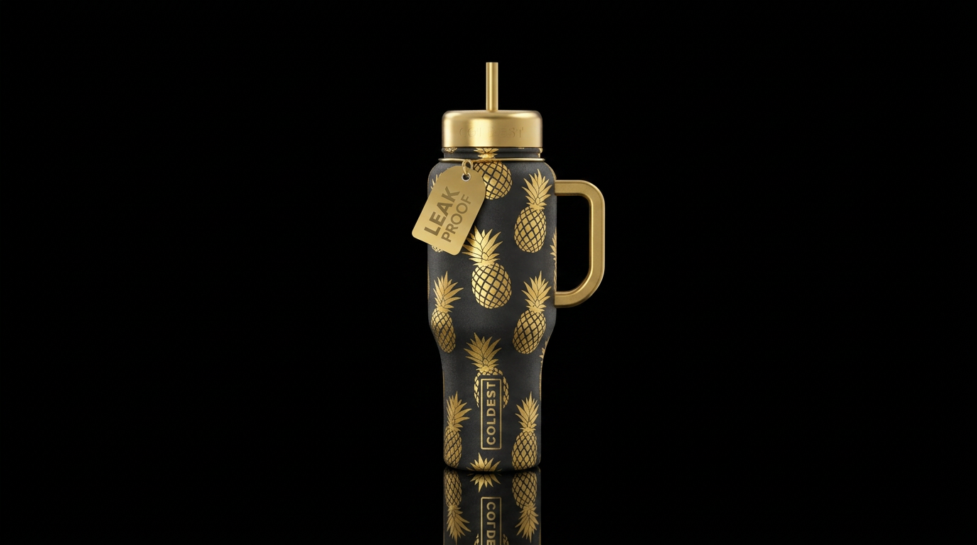 Black with golden pineapples water bottle design