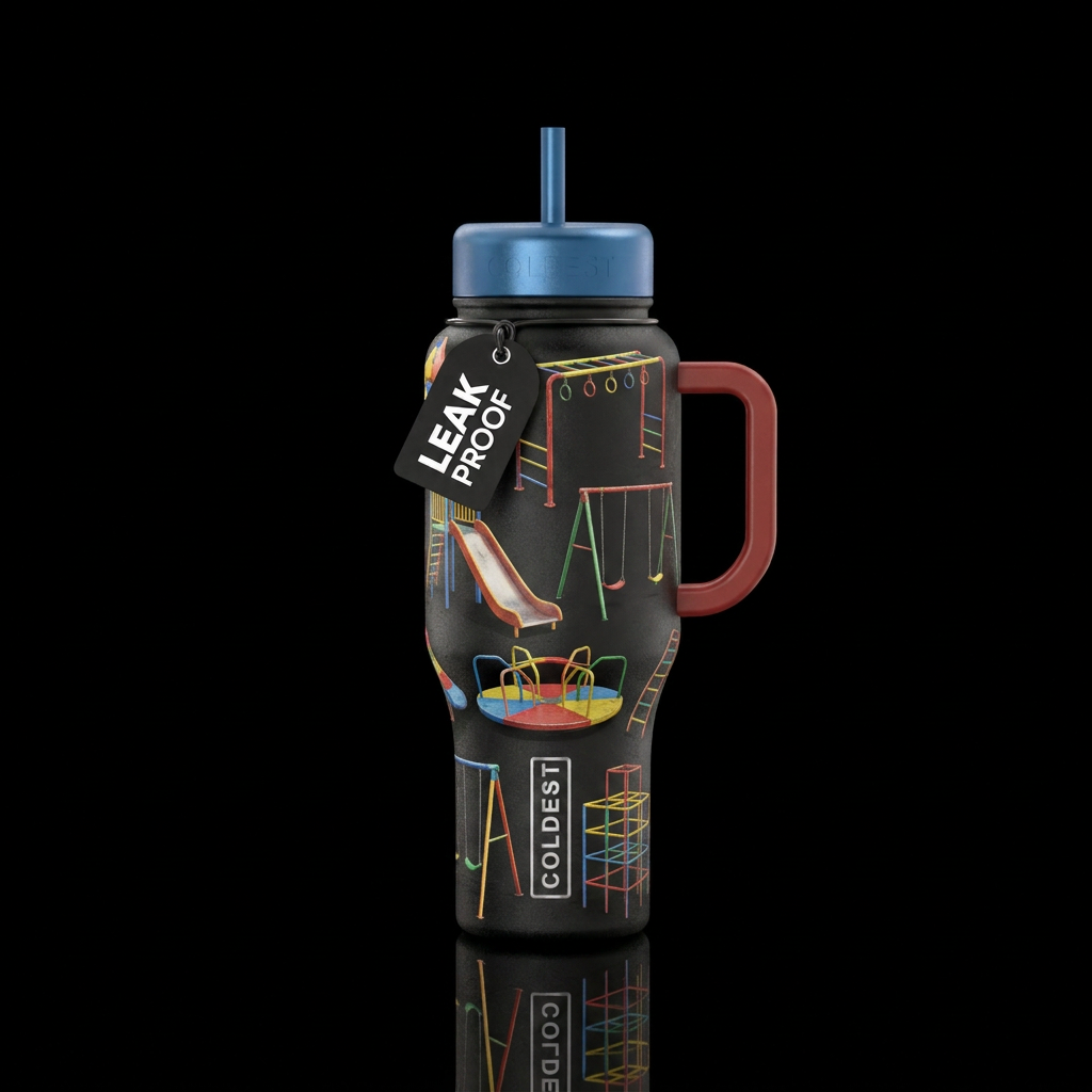 retro playground equipment water bottle design