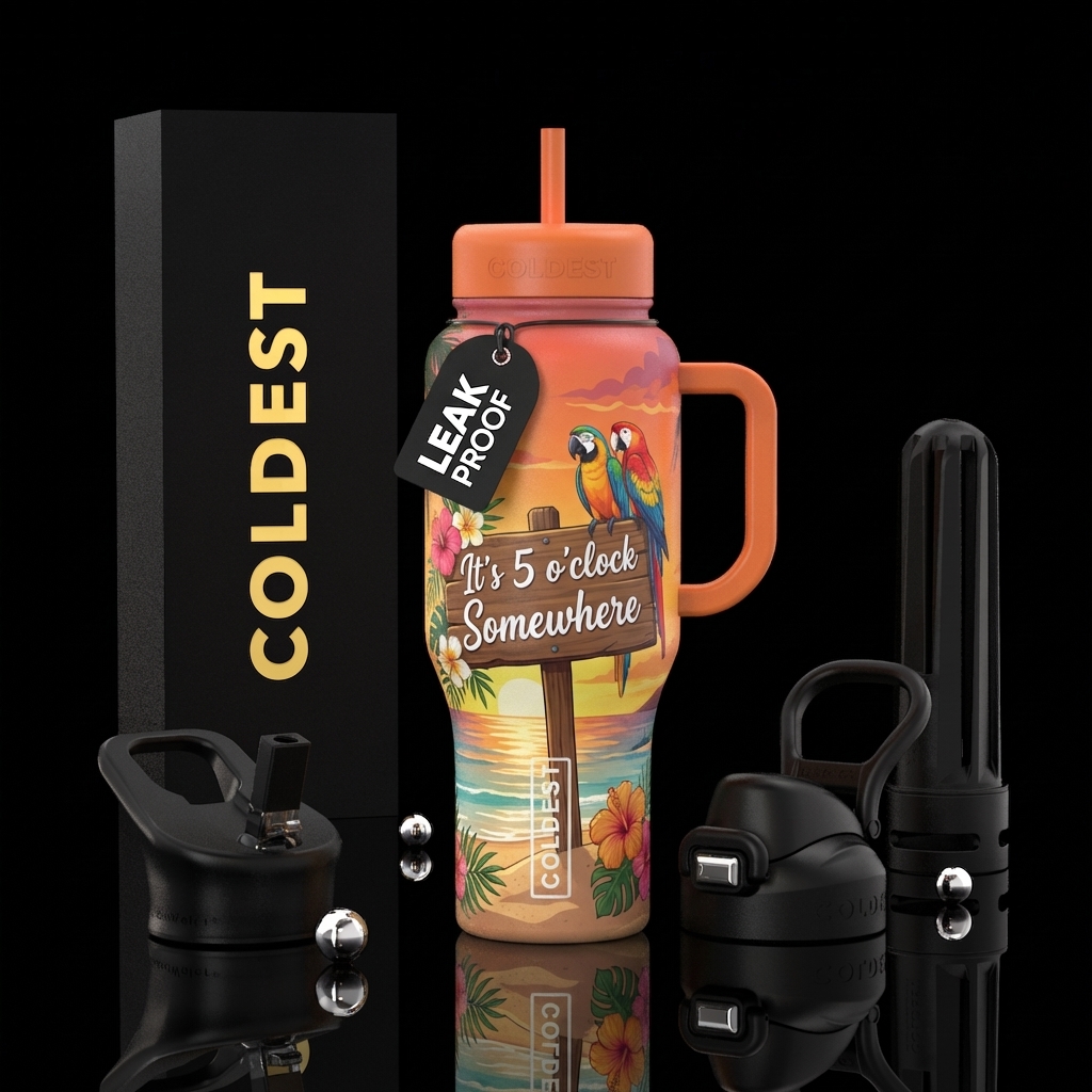 Beachy sunset in tropical flowers a sign in the sa... water bottle design