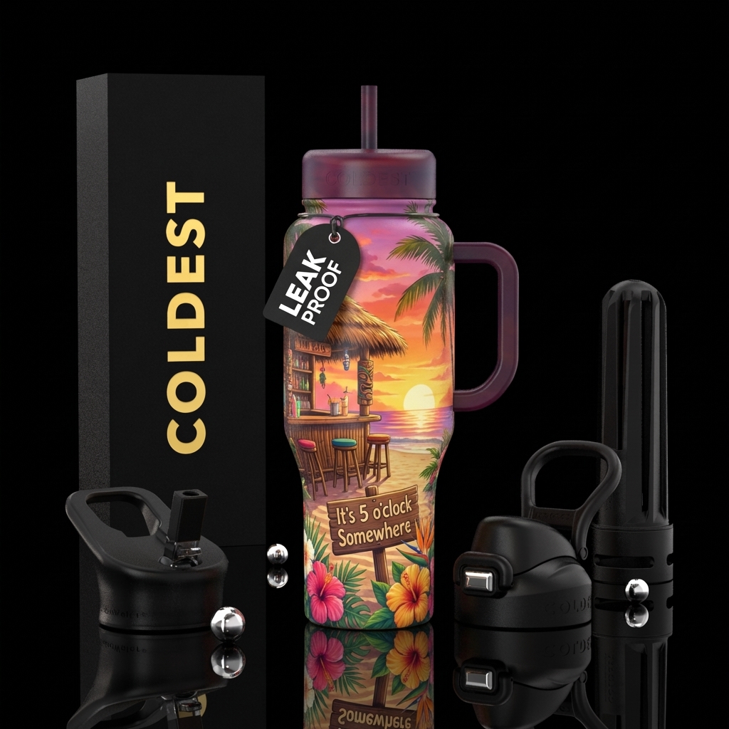 A tiki bar on a tropical beach with tropical flowe... water bottle design