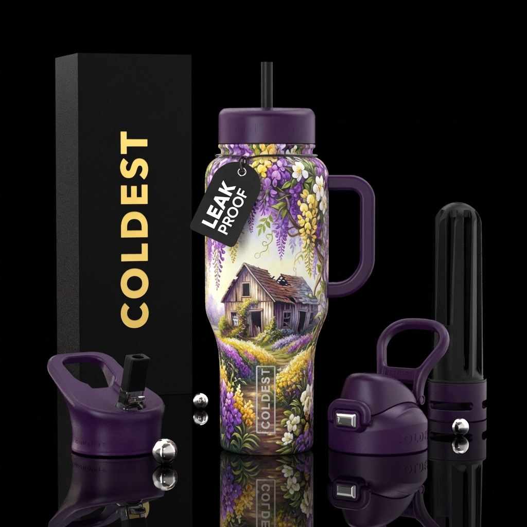 Flowering vines, surrounding a broken down farm ho... water bottle design