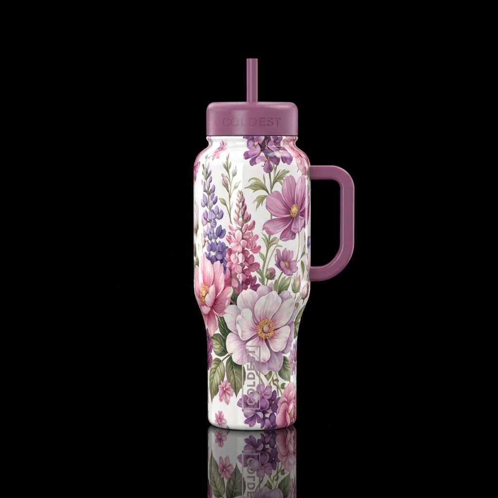 White, pink, purple Floral English garden realism ... water bottle design