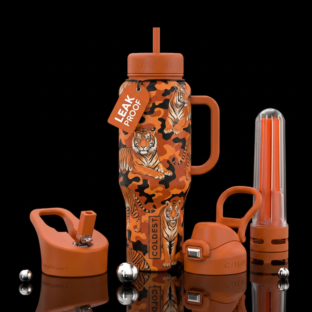 Make a camouflage with colors burnt orange and bla... water bottle design