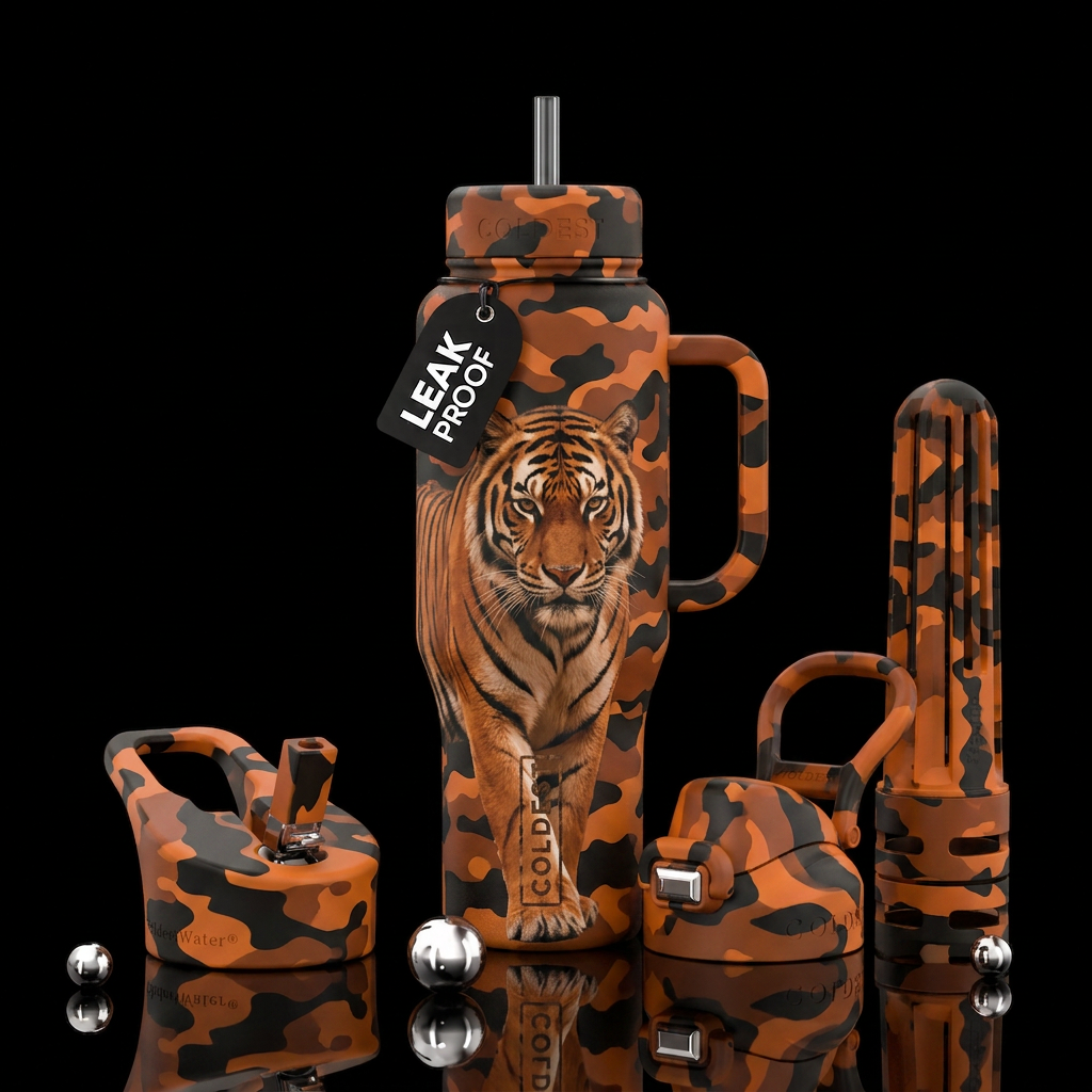 Make a camouflage with colors burnt orange and bla... water bottle design