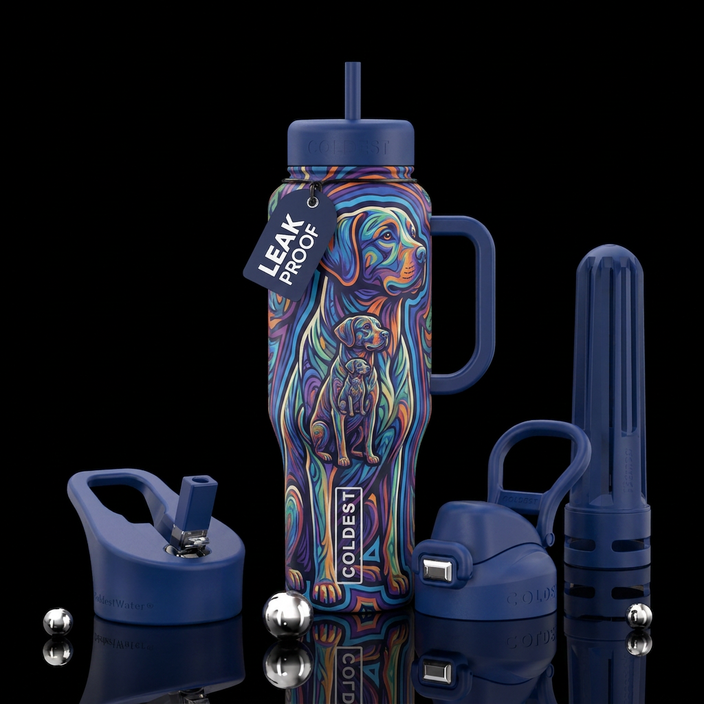 Make me a dog camouflaged within another do within... water bottle design