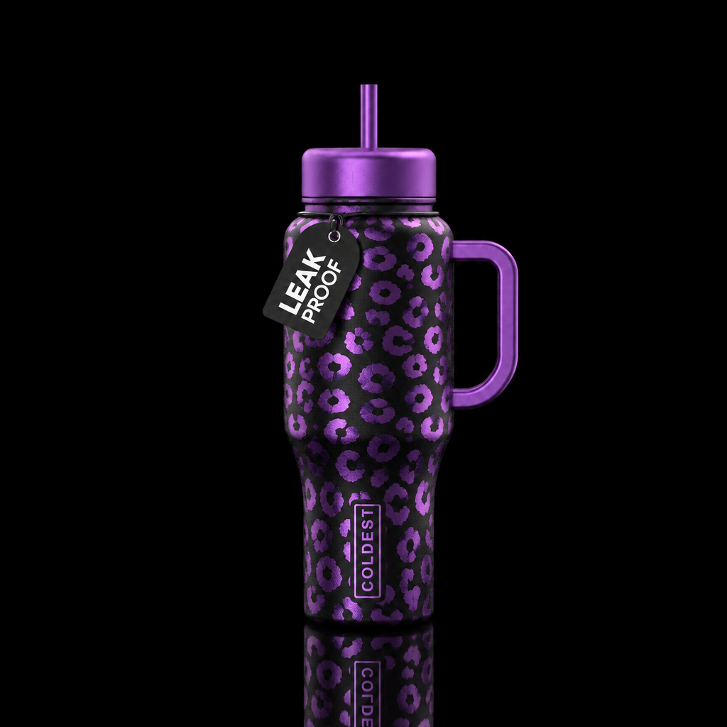 A black bottle with dark purple metallic leopard p... water bottle design