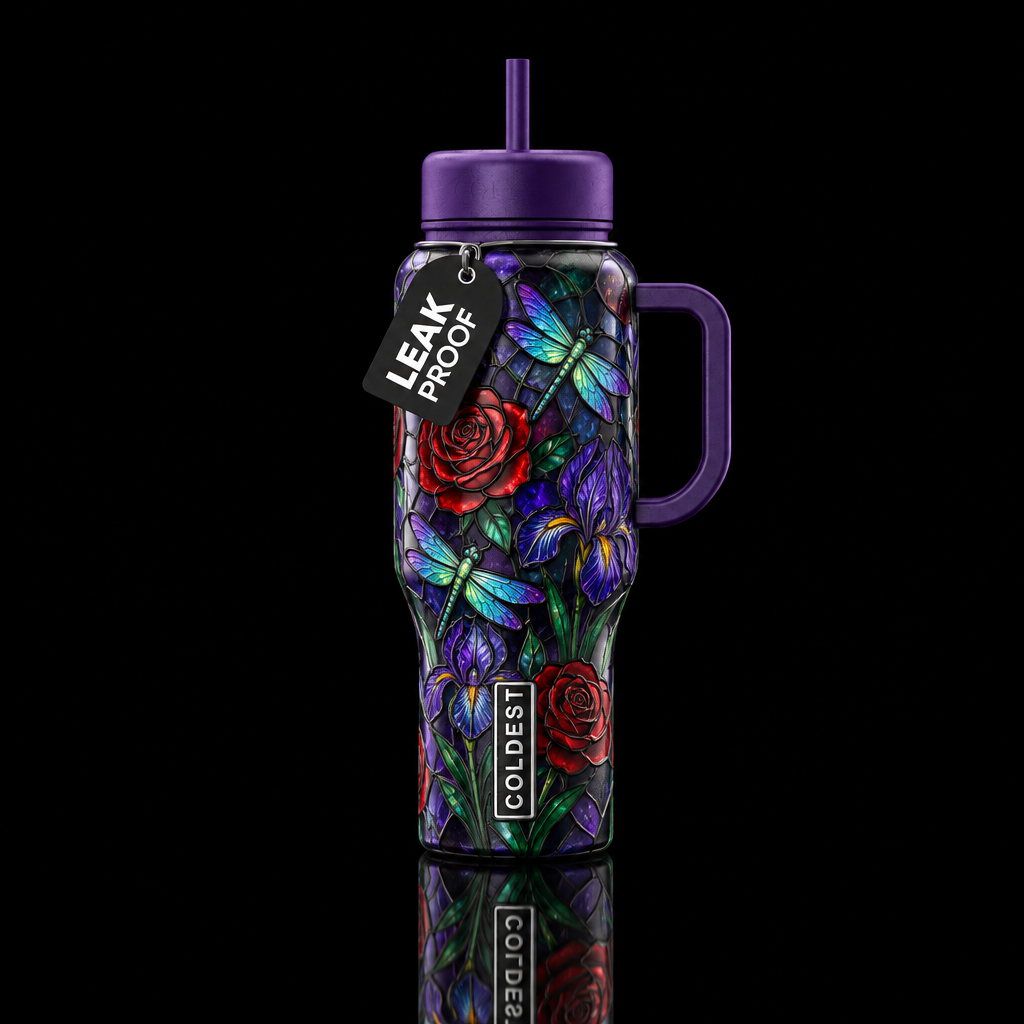 Stained glass with dar red roses and dark purple i... water bottle design