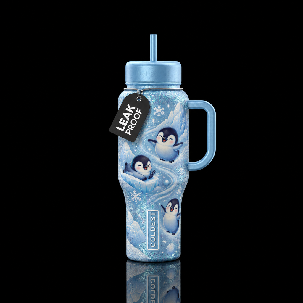 A frosty baby blue glitter background with chibi s... water bottle design