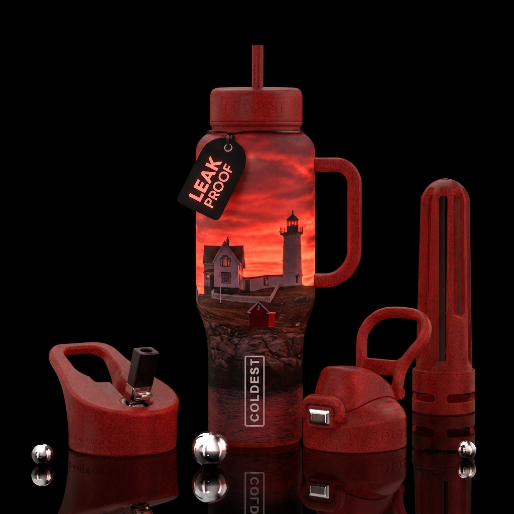 Glow in the dark Nubble lighthouse red skies water bottle design