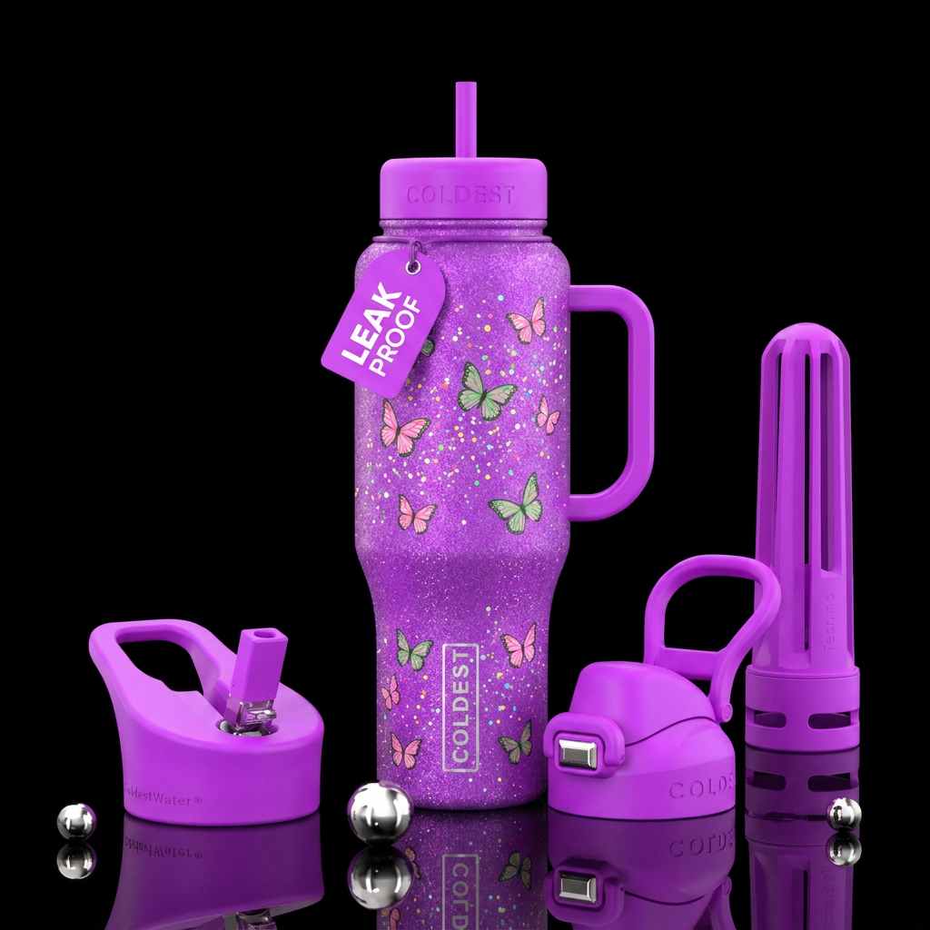 Neon purple bottle with pink and green butterflies... water bottle design