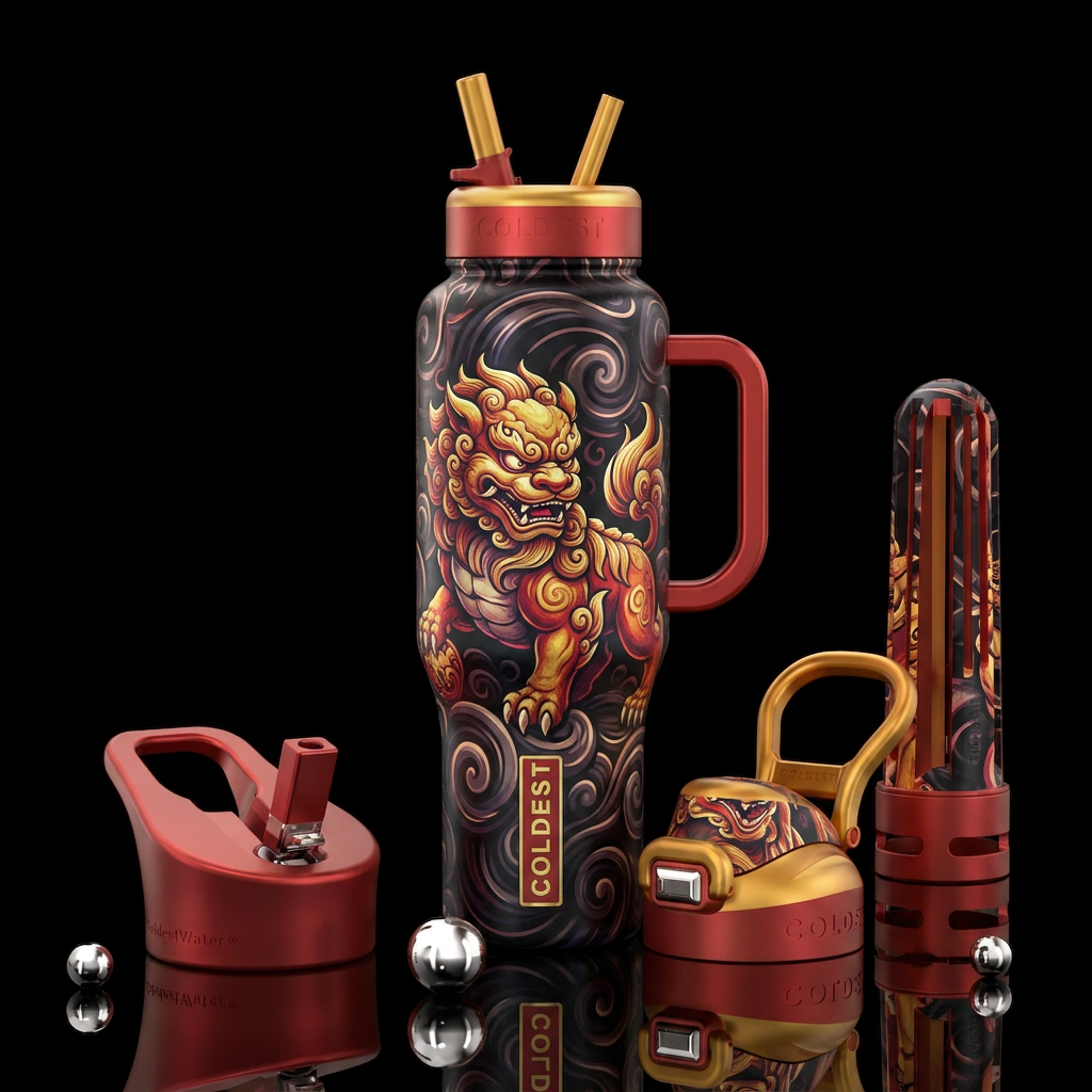 Fu dog, mythical, dark mood, swirls water bottle design
