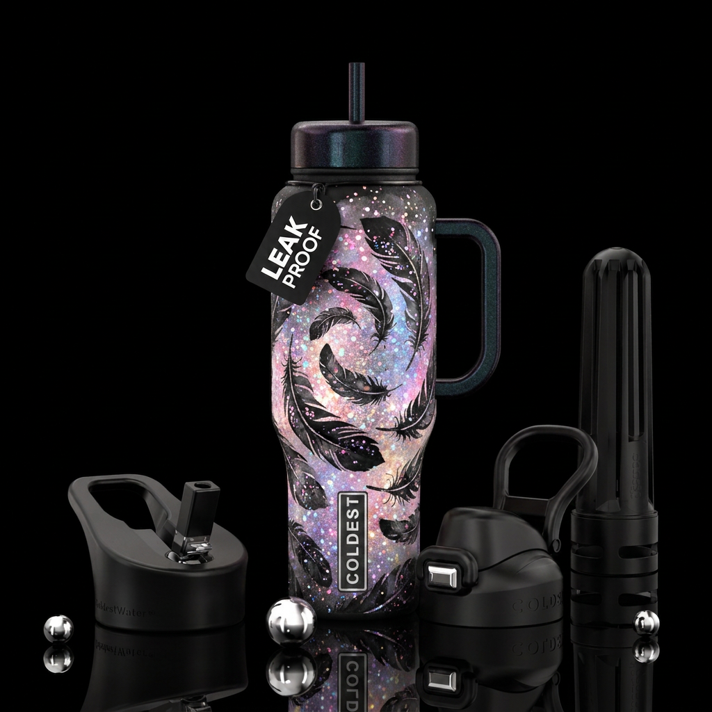 Black feathers gradually getting bigger in a spira... water bottle design