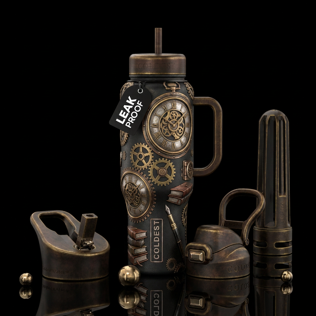 Steampunk, three big clock, two medium gears, book... water bottle design
