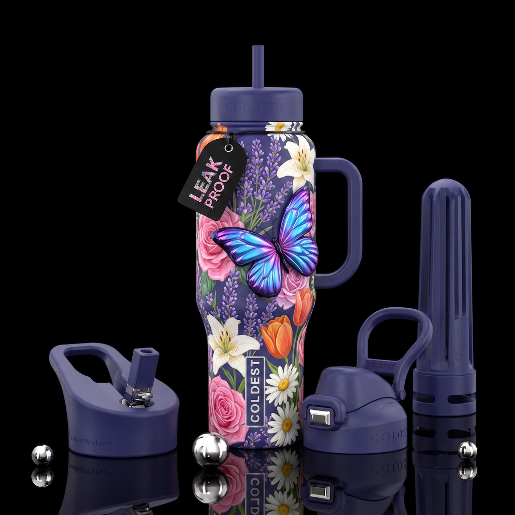 2d pink roses, lavender, white day lilies, orange ... water bottle design