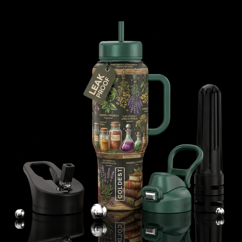 herbalism, lots of books, dried herbs, jars, and p... water bottle design