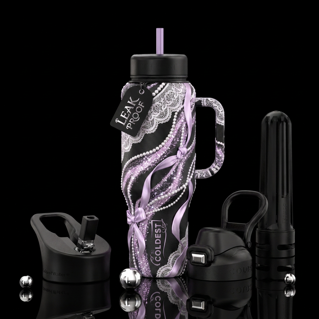 White lace, white pearls , lilac ribbon, lilac and... water bottle design