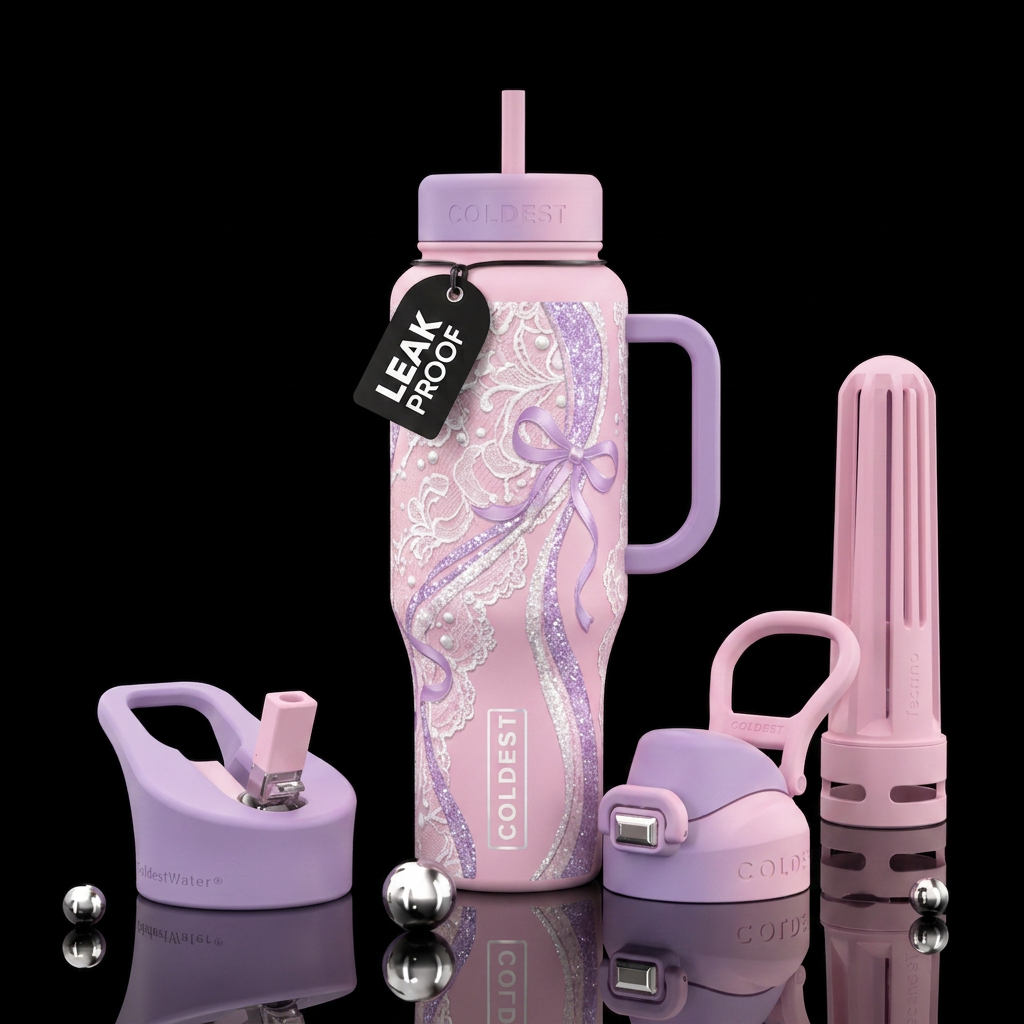 White lace, white pearls , lilac ribbon, lilac and... water bottle design