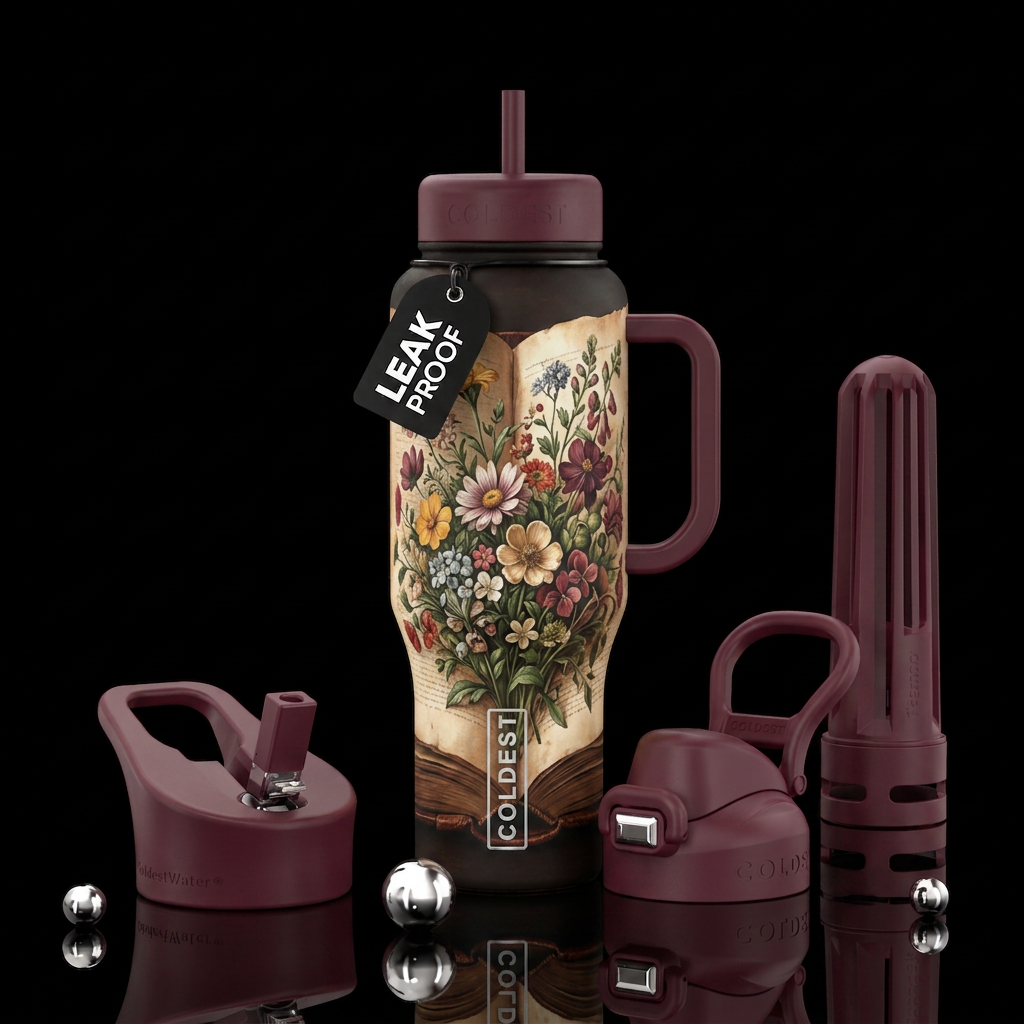 Open rustic book and flowers water bottle design