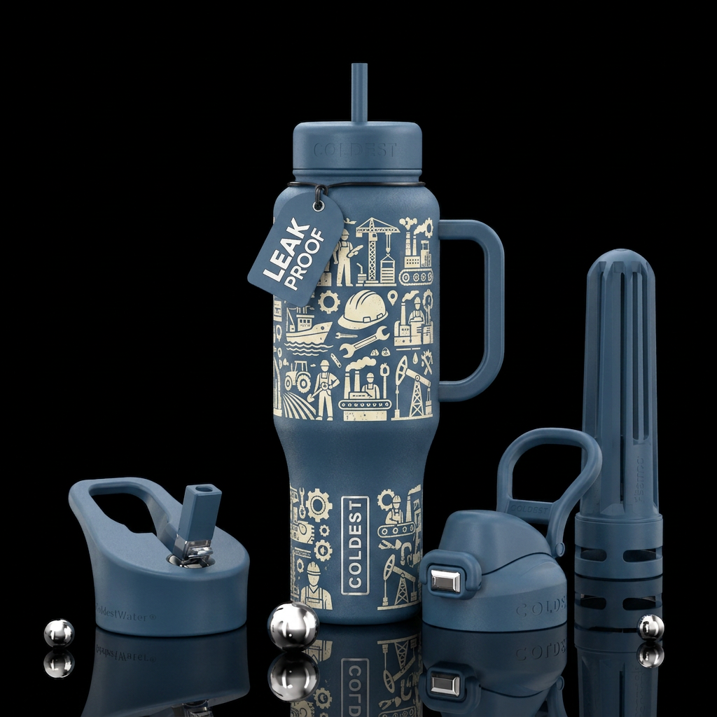 Blue collar work water bottle design