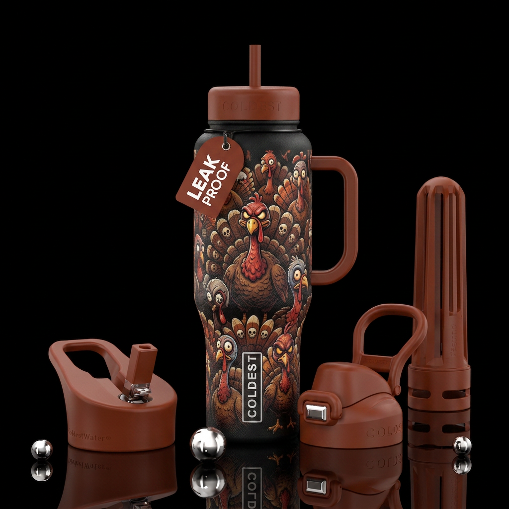 Creepy turkey water bottle design