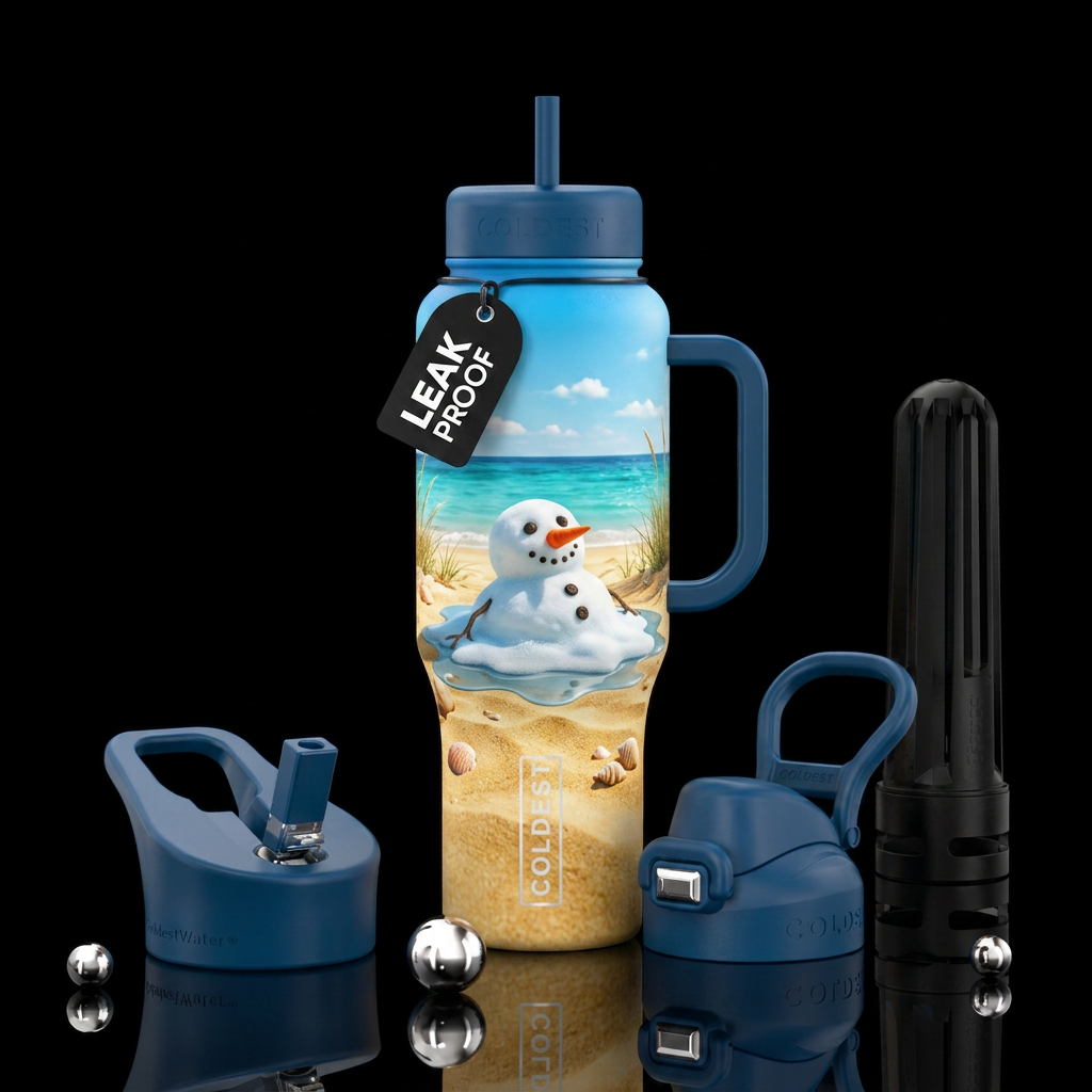 Snowman melting on a beach water bottle design