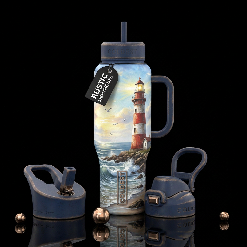 Rustic lighthouse water bottle design