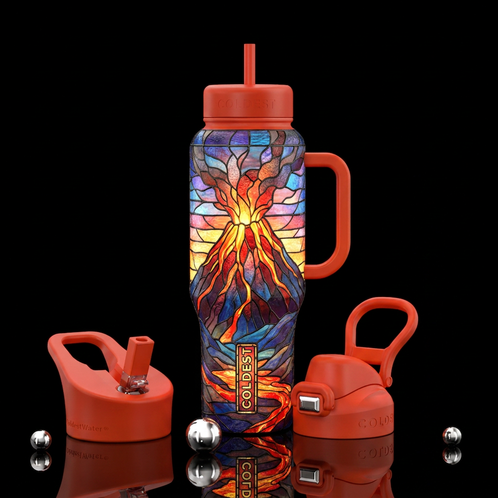 Glowing stained glassvolcano water bottle design