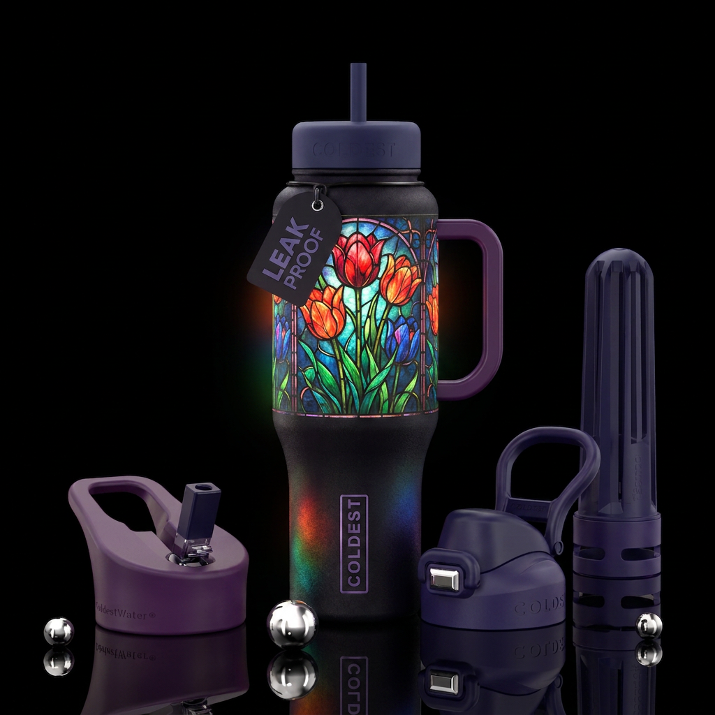 Glowing stained glass tulips water bottle design