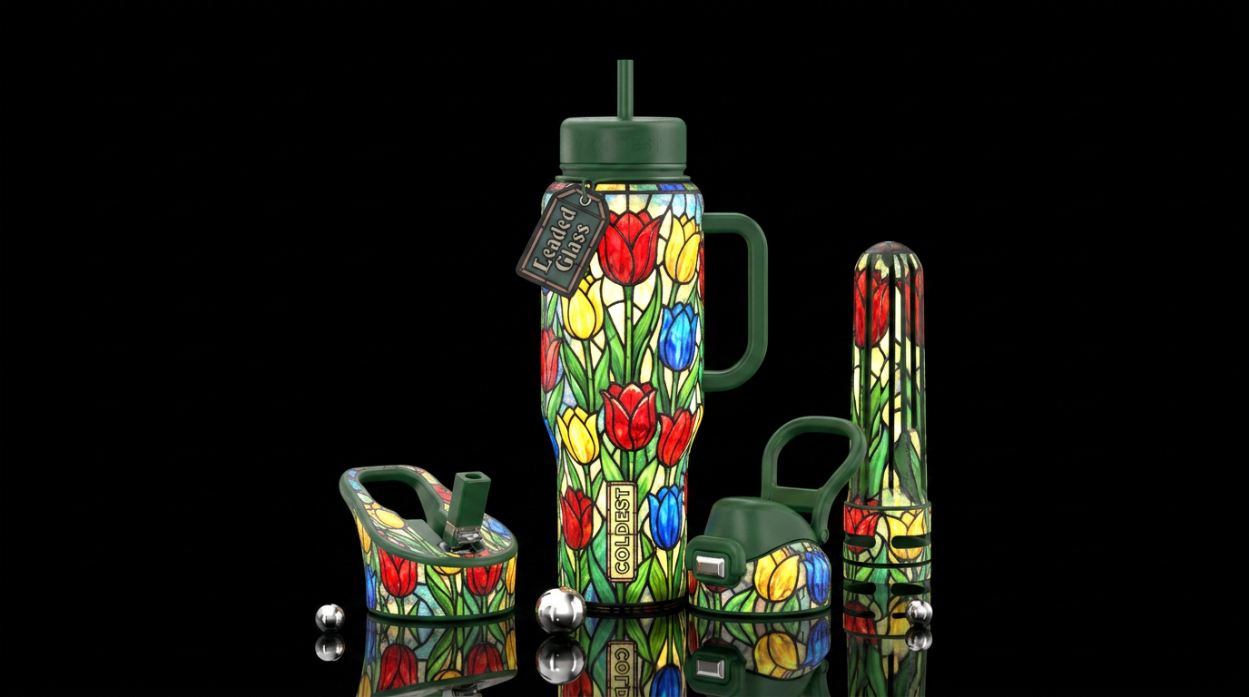 Glowing stained glass tulips water bottle design