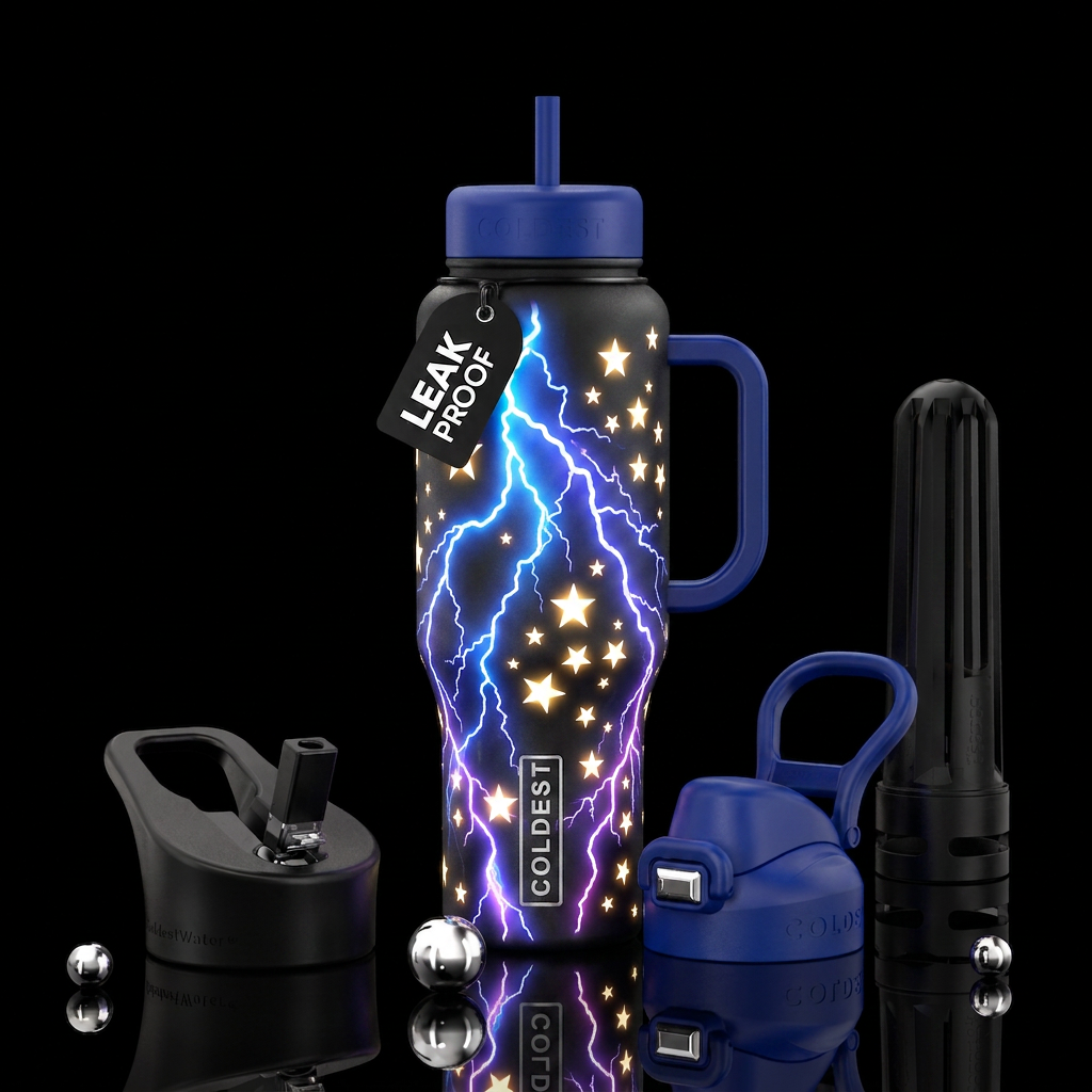 Glowing lightning and stars water bottle design