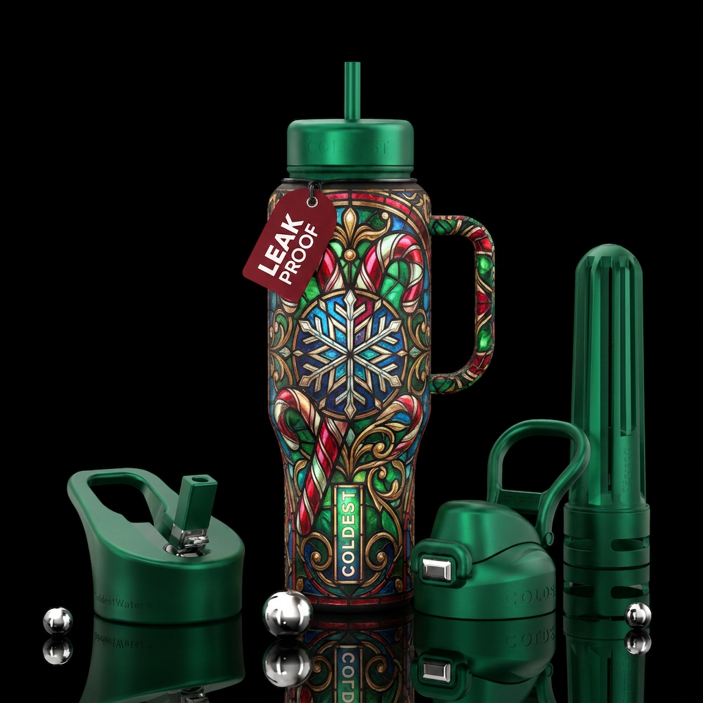 Stained glass candy canes and snowflake water bottle design