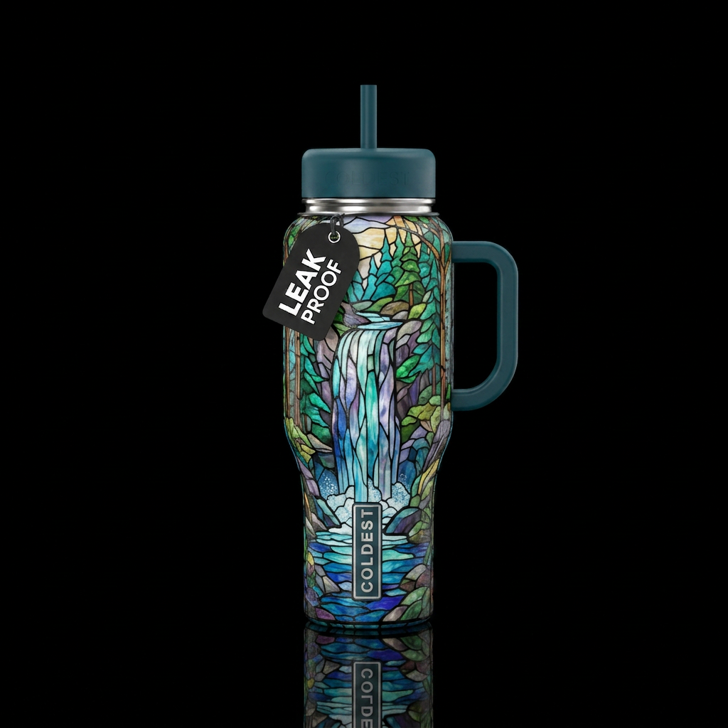 Waterfall, stained glass water bottle design