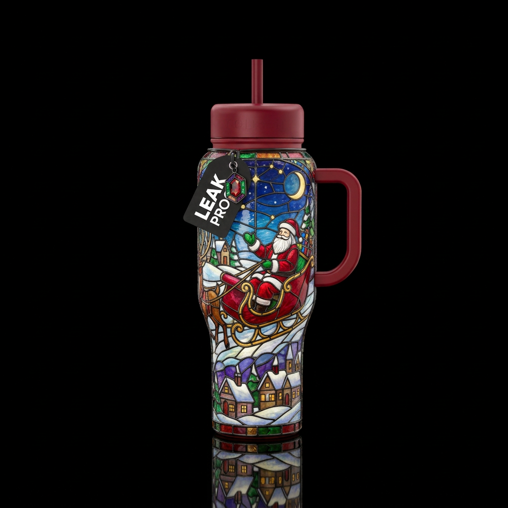 Stained glass Santa sleigh water bottle design