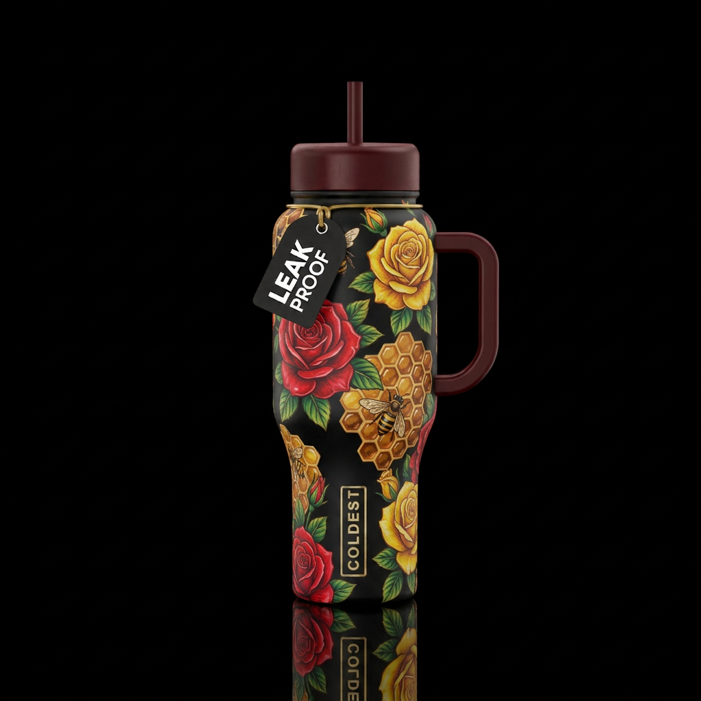 Roses & bee honeycomb water bottle design