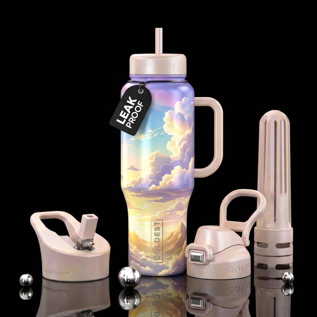 Clouds sky sunshine bright  beautiful land of the ... water bottle design