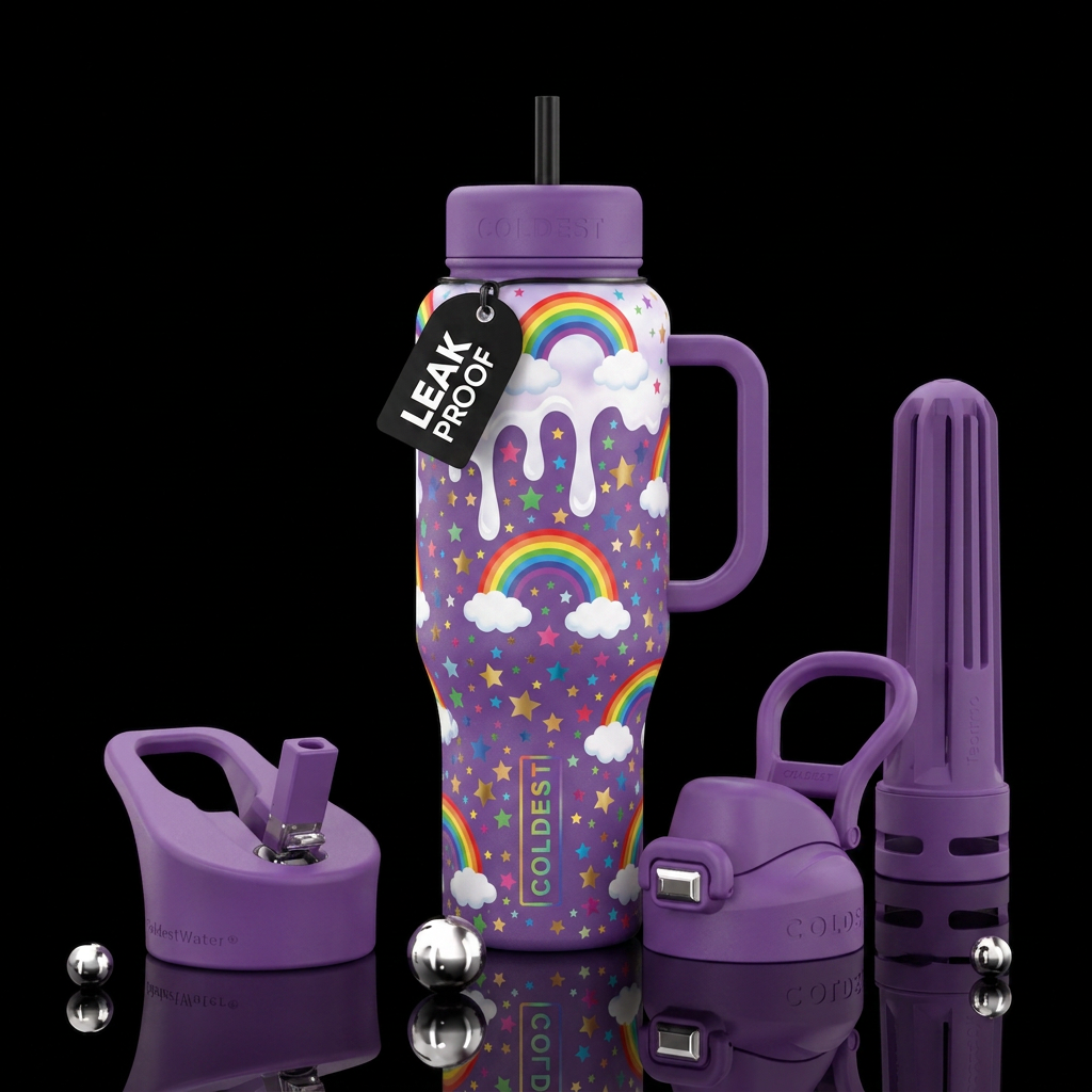 Purple base handle and lids white cloud liquid dri... water bottle design