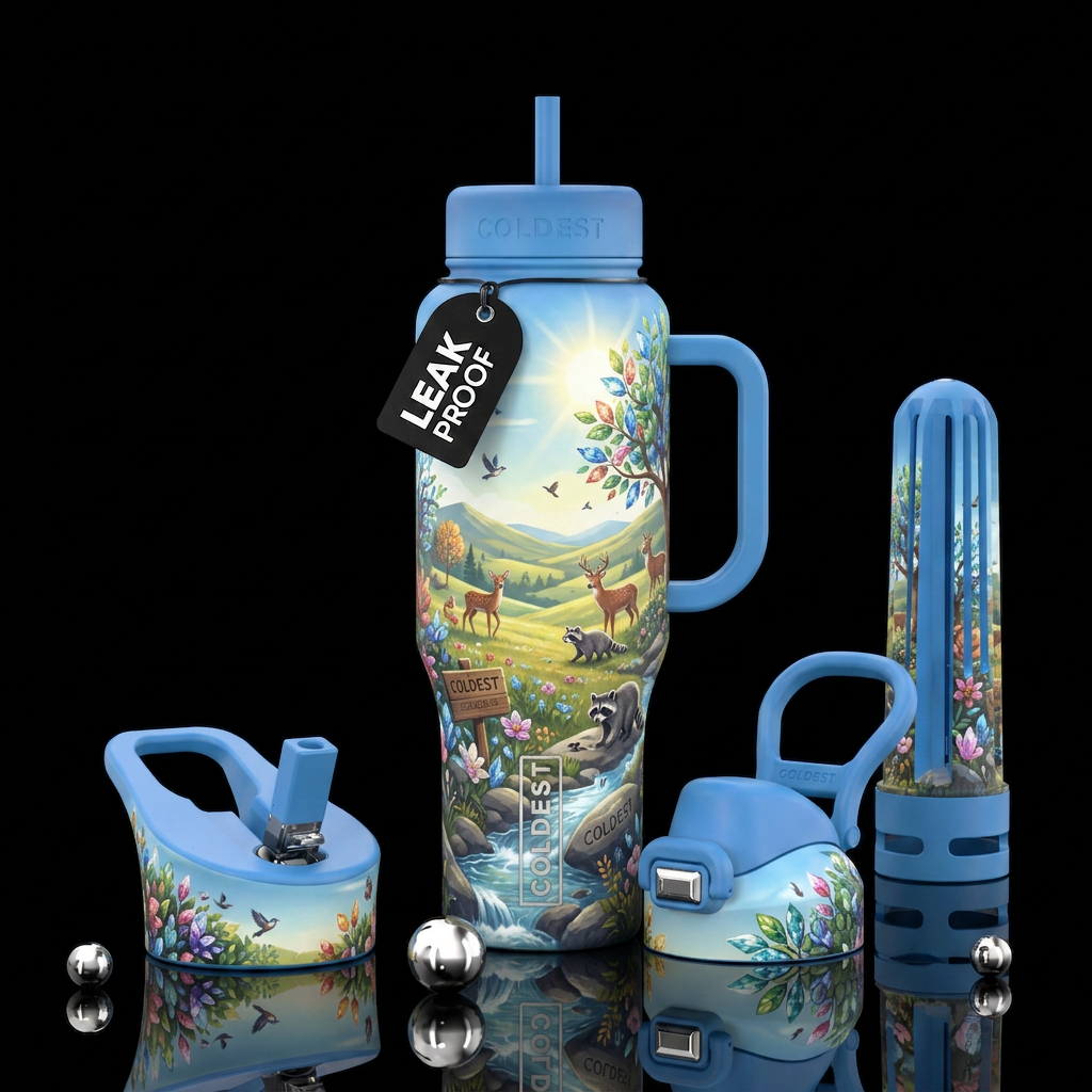 Blue sky sunshine trees with realistic color cryst... water bottle design