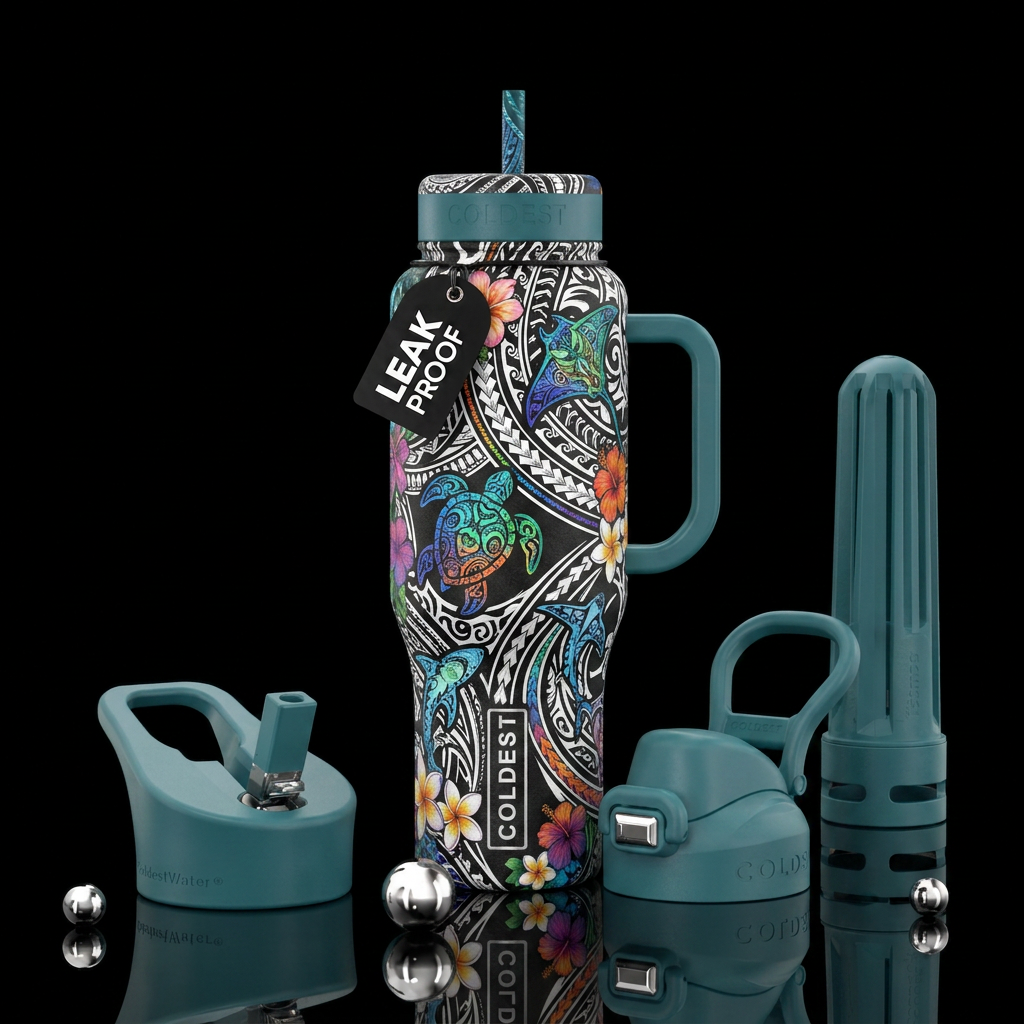 White base handle and lids black outlined Hawaiian... water bottle design
