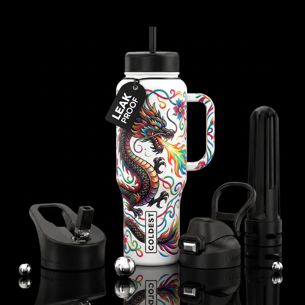 White base handle and lids black dragon with color... water bottle design