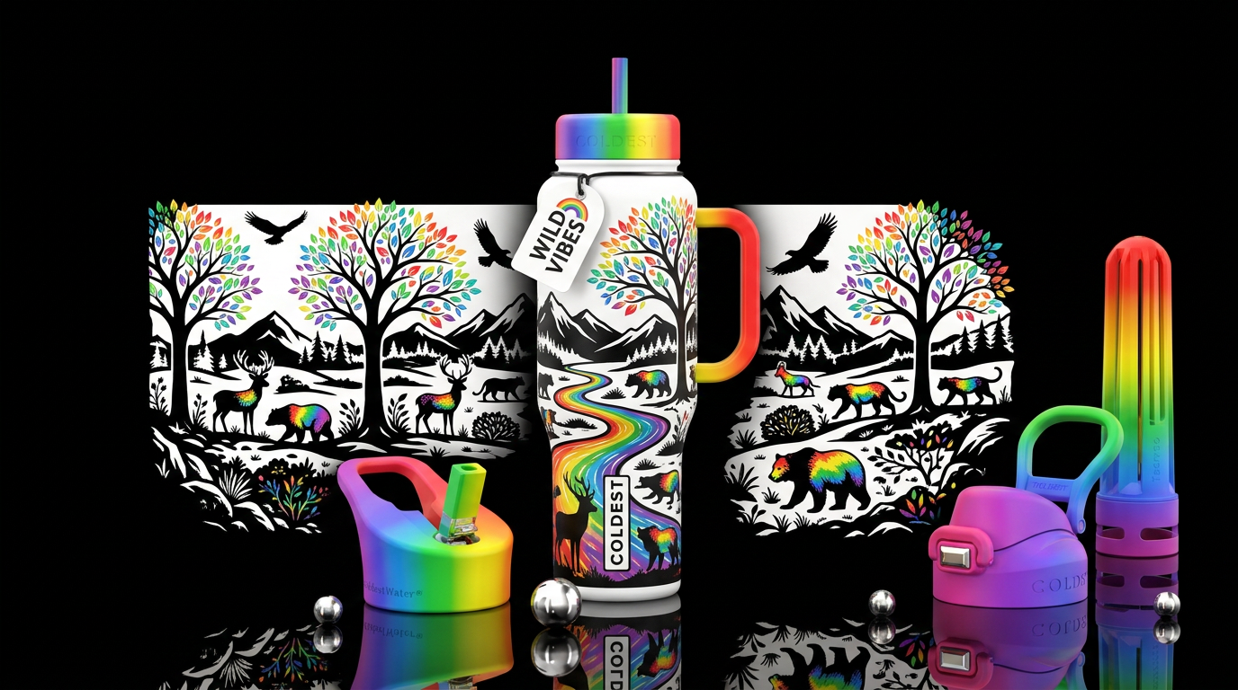 White base handle lids black trees with rainbow le... water bottle design
